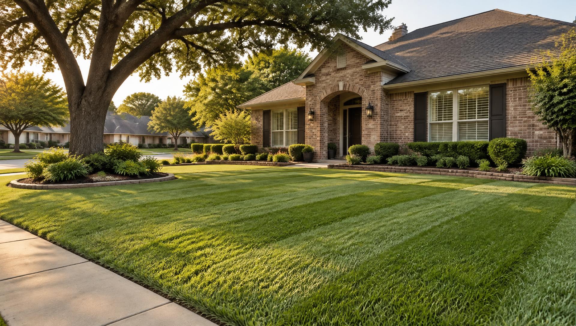 Freshly mowed front lawn of a brick home in a DFW neighborhood